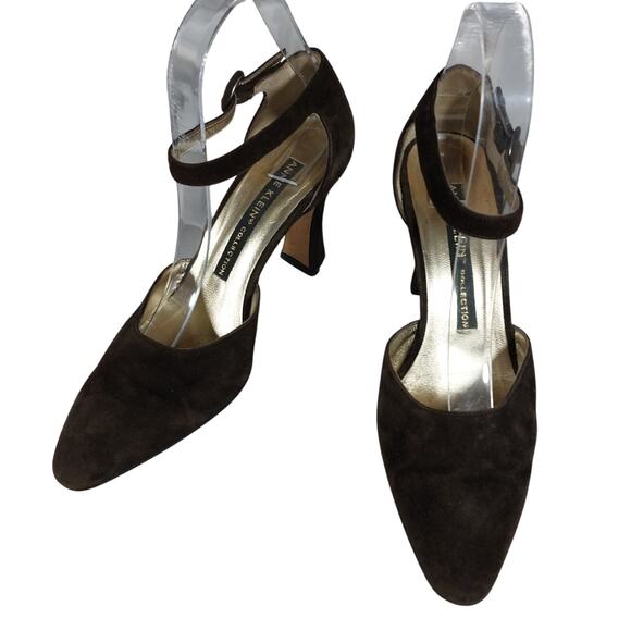 ANNE KLEIN! CHIC CHOCOLATE BROWN GENUINE SUEDE LEATHER STYLIZED HEELS! SZ 7M - Picture 3 of 11